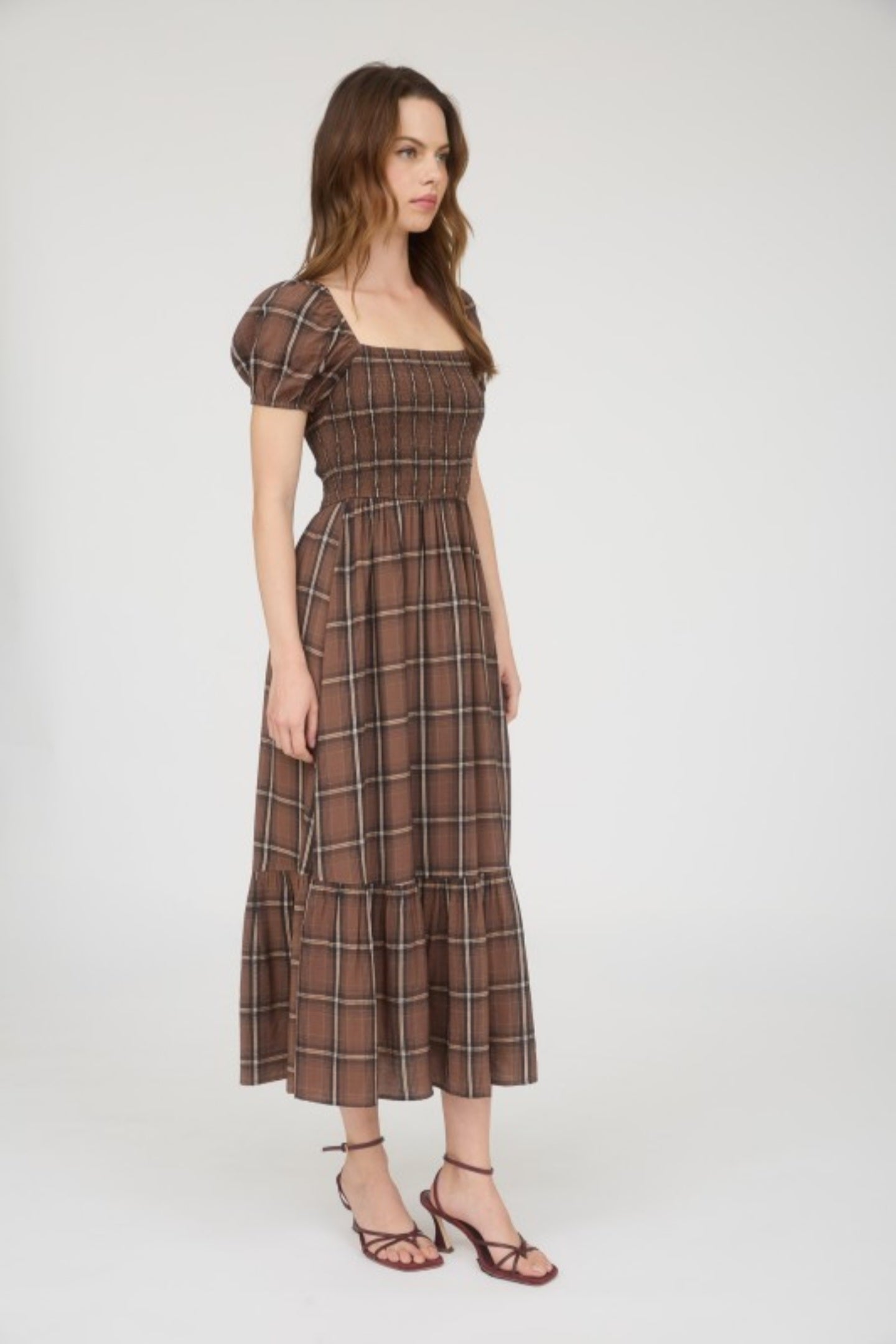 Plaid Midi Dress-Brown