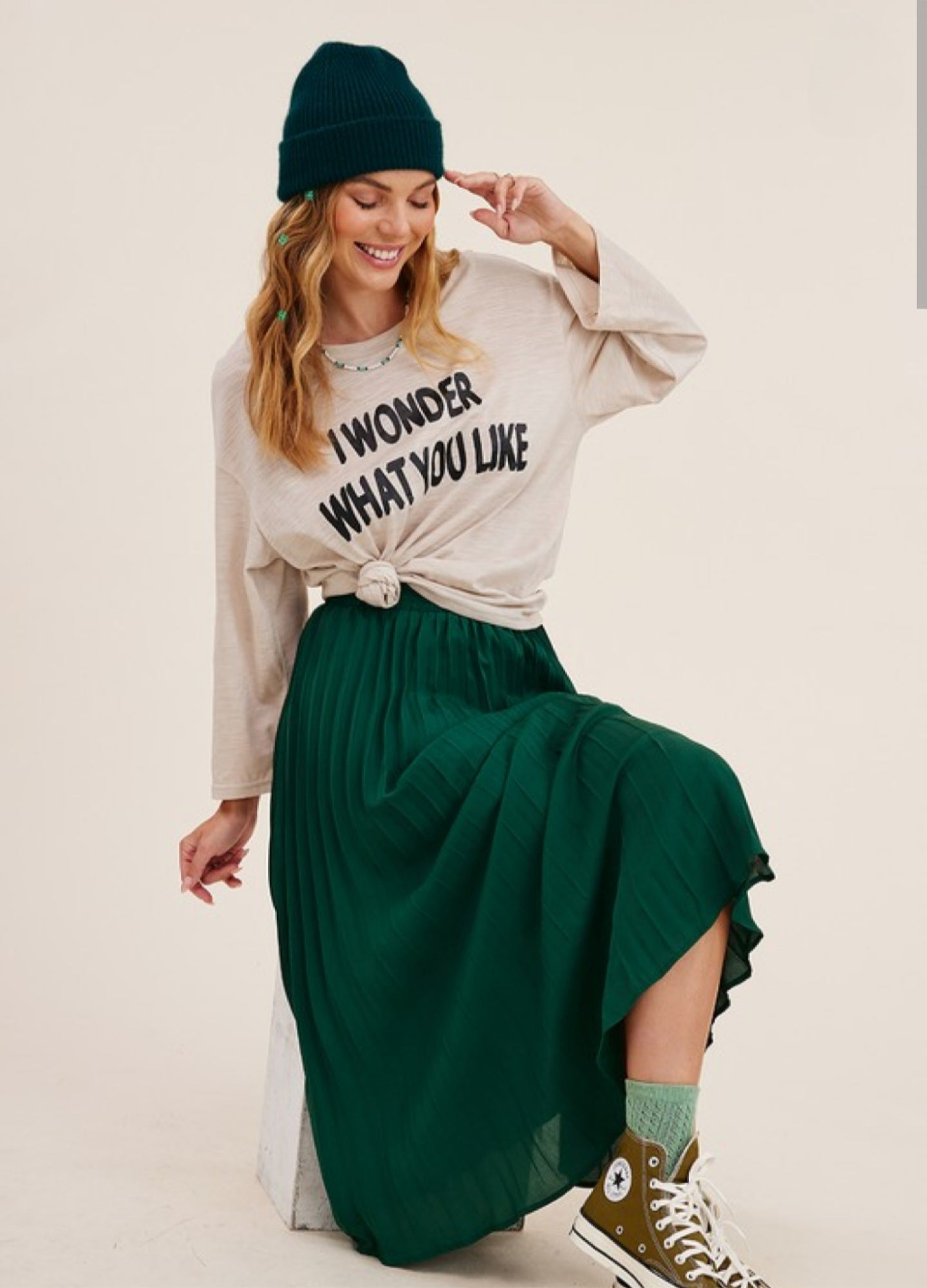 Green Pleated Maxi Skirt
