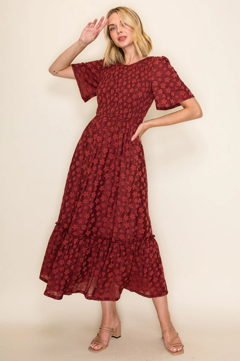 SALMA TIERED MIDI DRESS-BURGUNDY