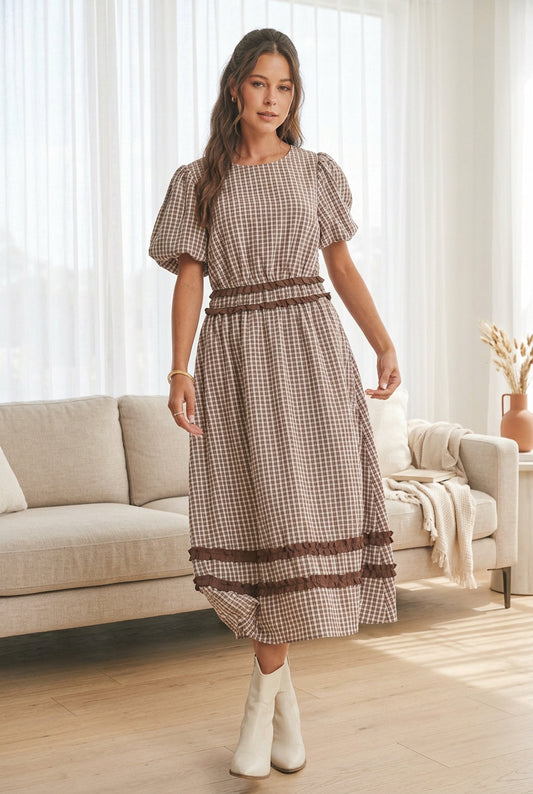 COUNTRY GINGHAM MIDI DRESS-BROWN