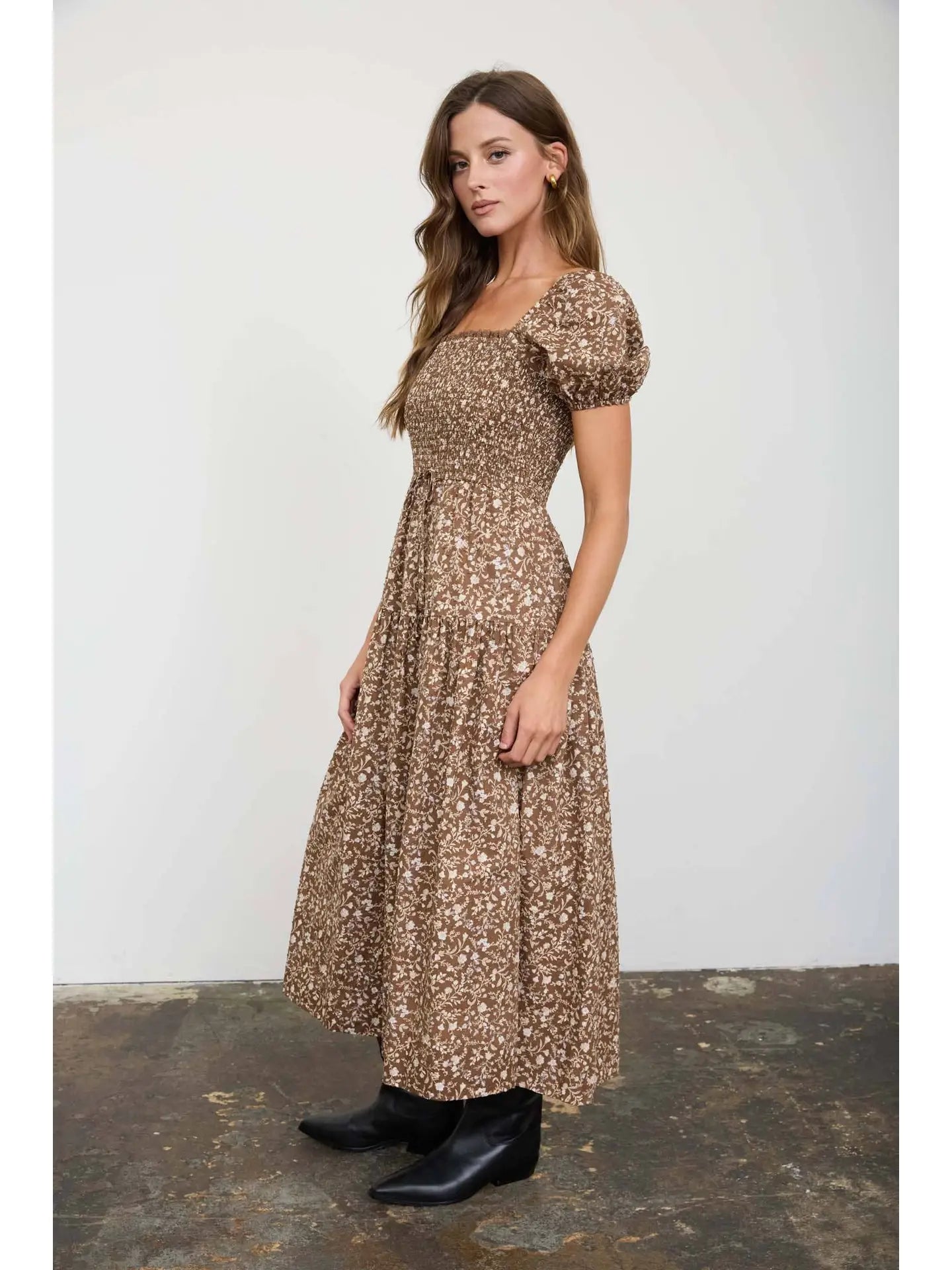HELYN SMOCKED MIDI DRESS- BROWN