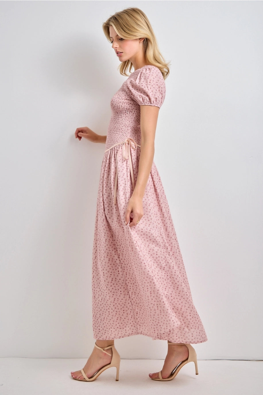 FLORAL PINK SMOCKED MIDI DRESS