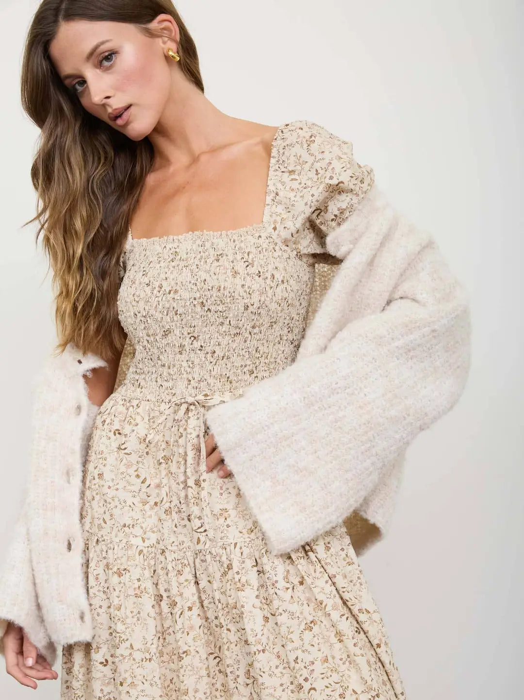 HELYN SMOCKED MIDI DRESS-IVORY