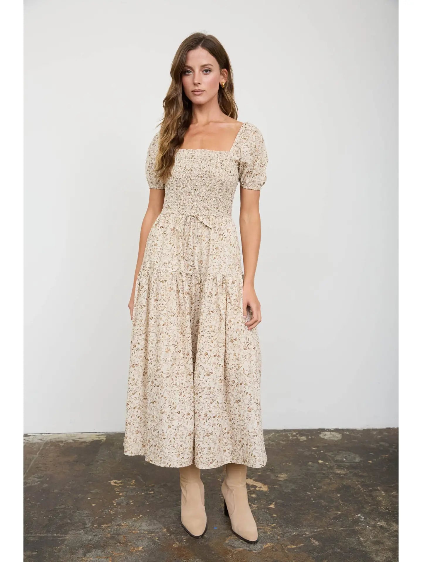 HELYN SMOCKED MIDI DRESS-IVORY