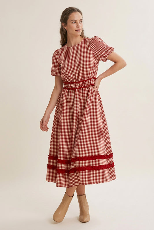 COUNTRY GINGHAM MIDI DRESS-RED
