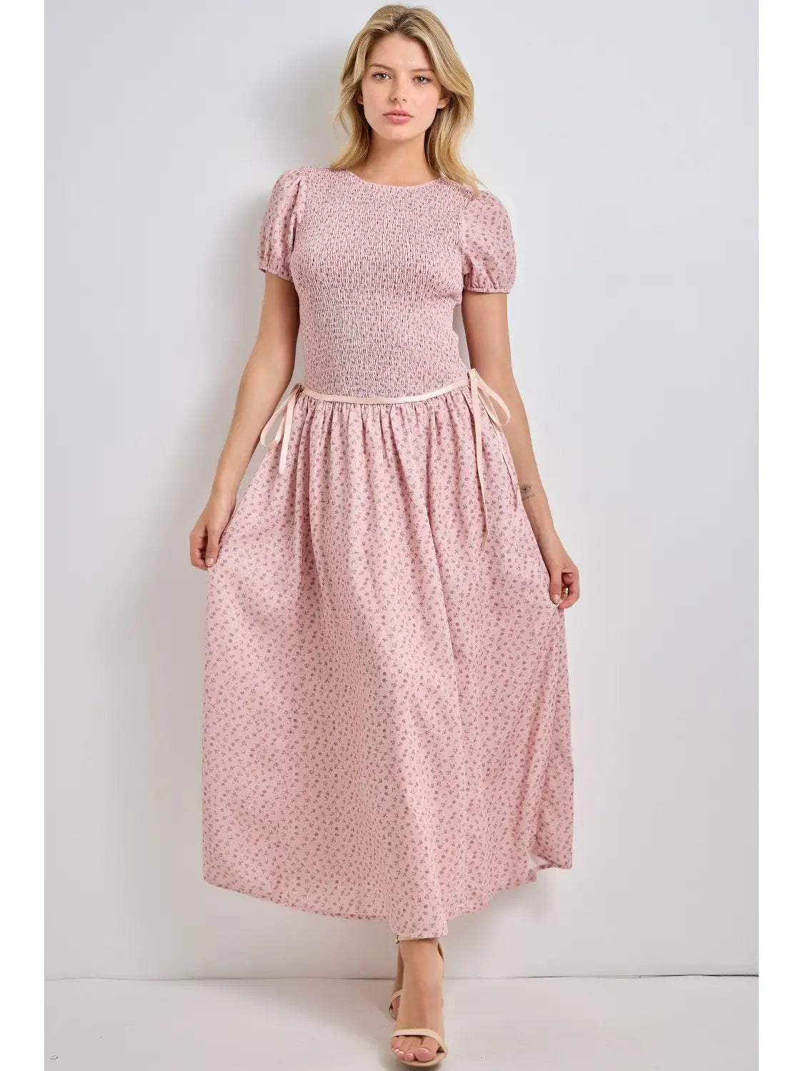 FLORAL PINK SMOCKED MIDI DRESS