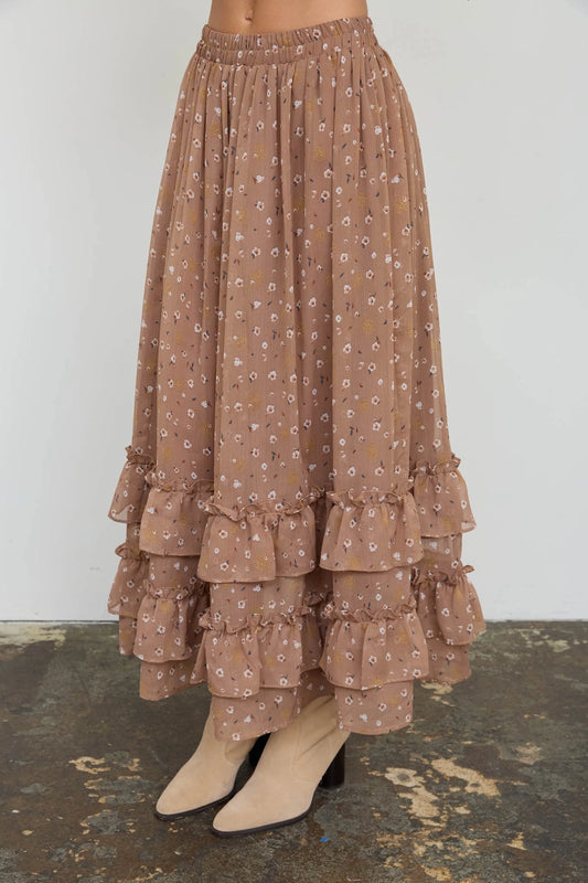 FLORAL RUFFLED TIERED MIDI SKIRT