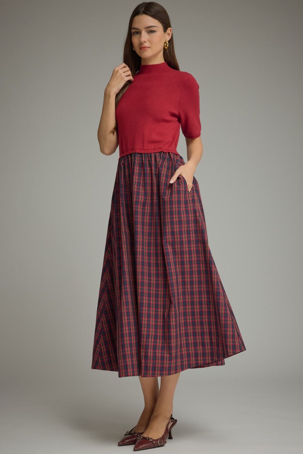 JASLYN PLAID MIDI DRESS-BURGUNDY