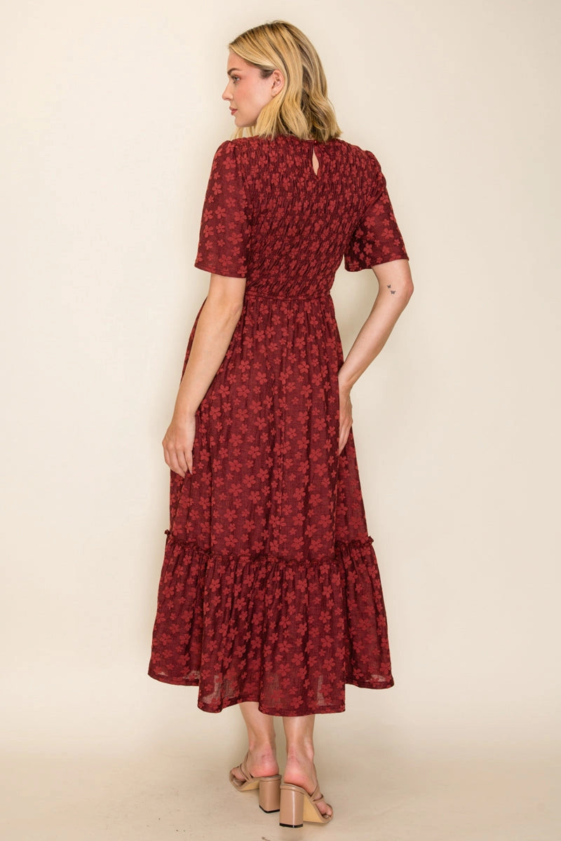 SALMA TIERED MIDI DRESS-BURGUNDY