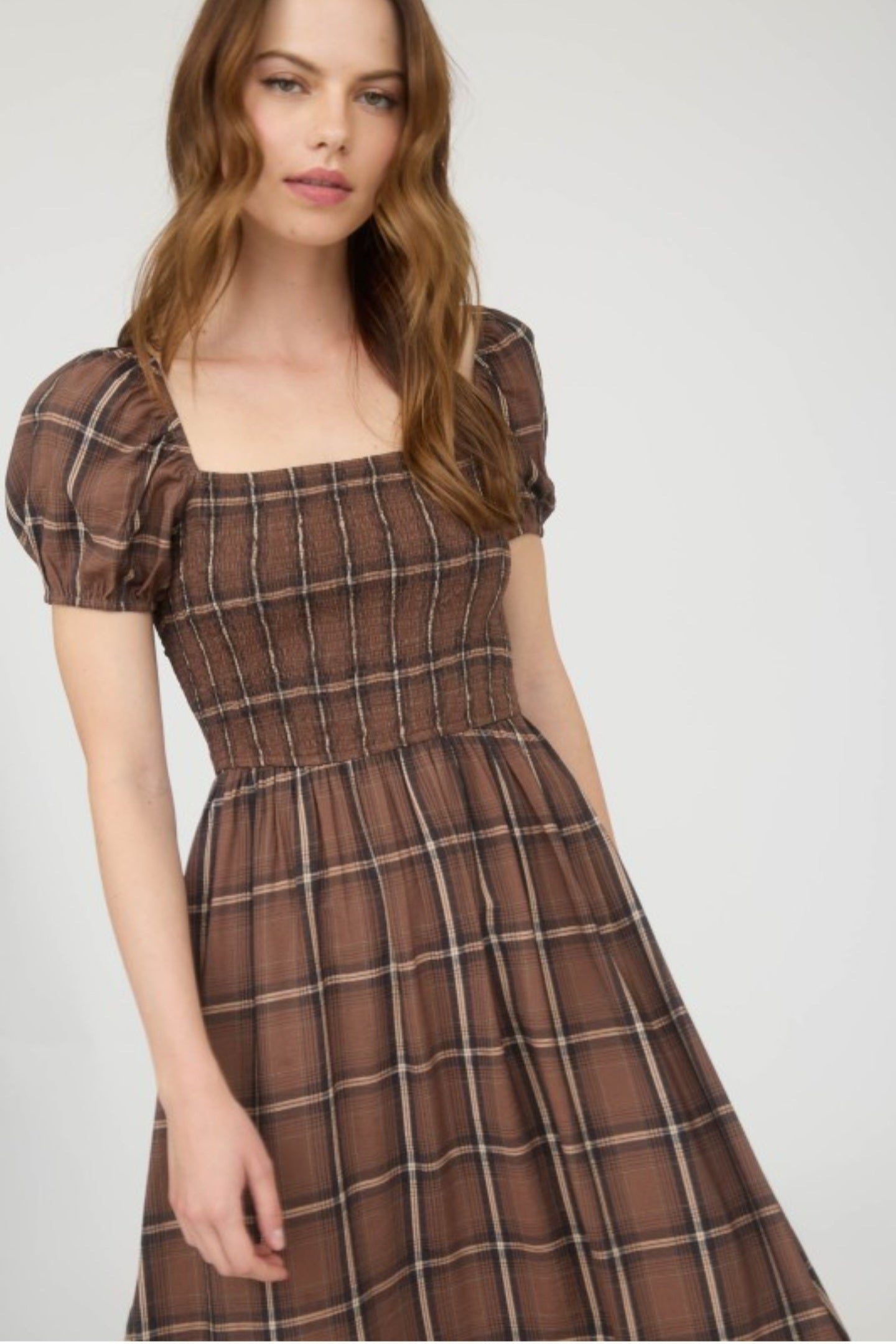 Plaid Midi Dress-Brown