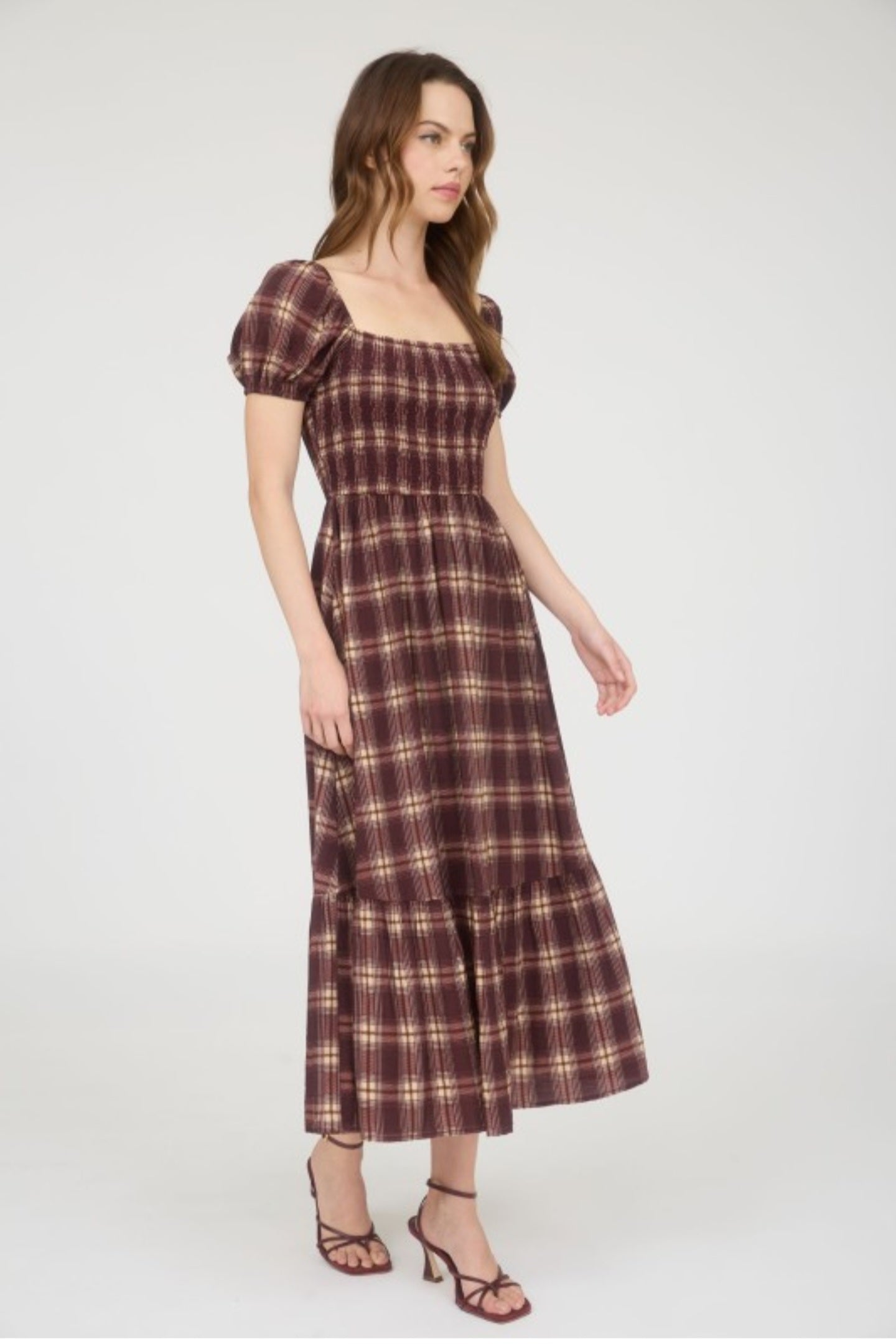 Plaid Midi Dress-Burgundy