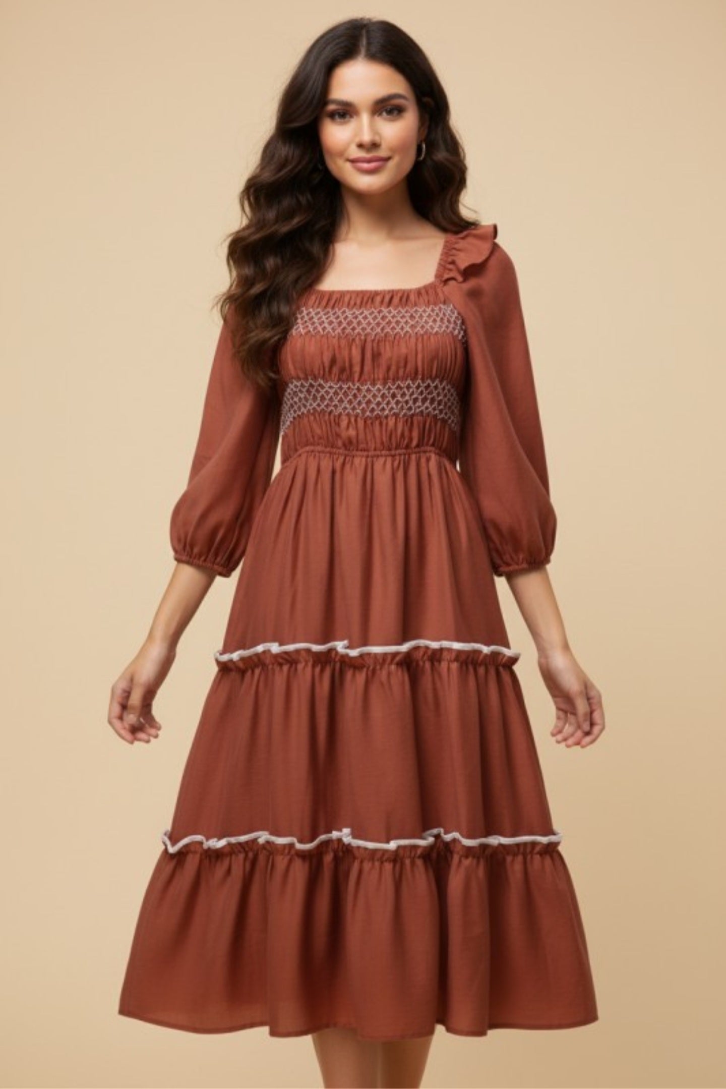 Rust tiered midi dress