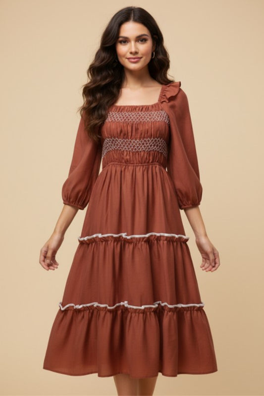 Rust tiered midi dress