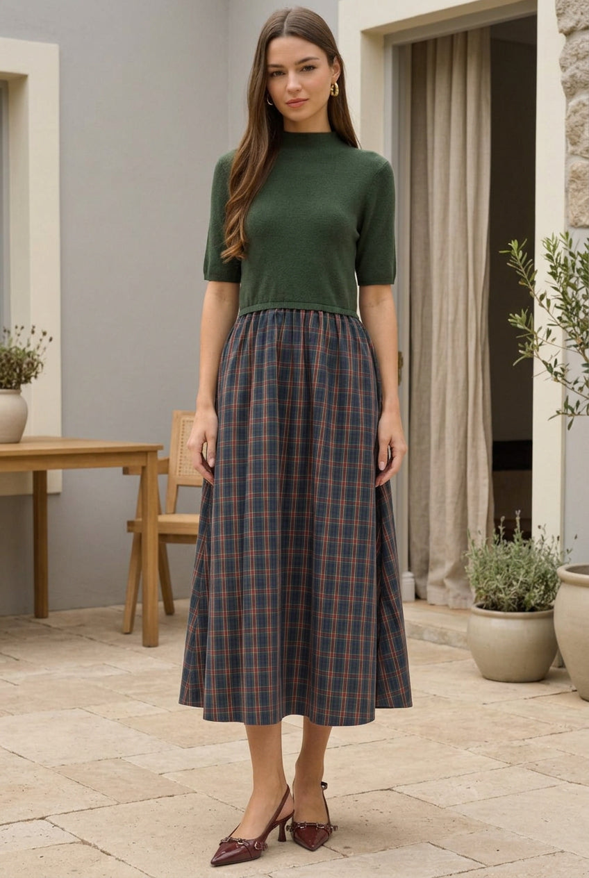 JASLYN PLAID MIDI DRESS-GREEN