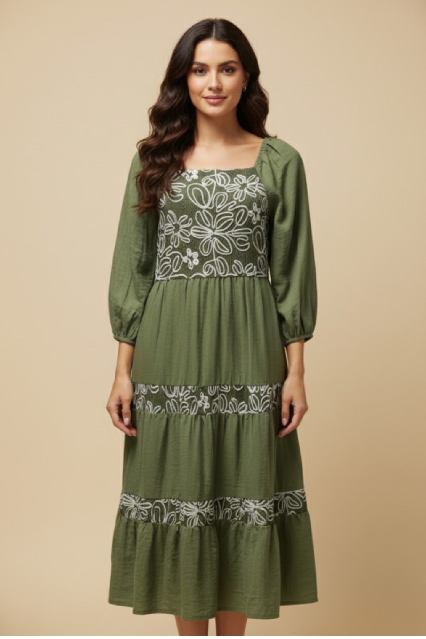 Embroidered Olive Dress