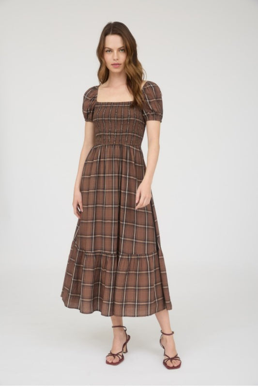 Plaid Midi Dress-Brown