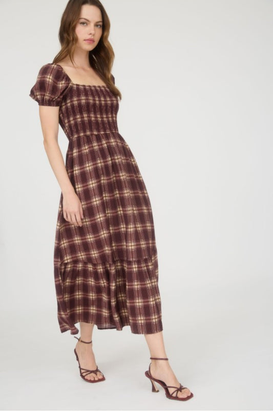Plaid Midi Dress-Burgundy