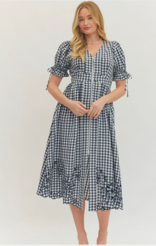 Navy Ginham Midi Dress