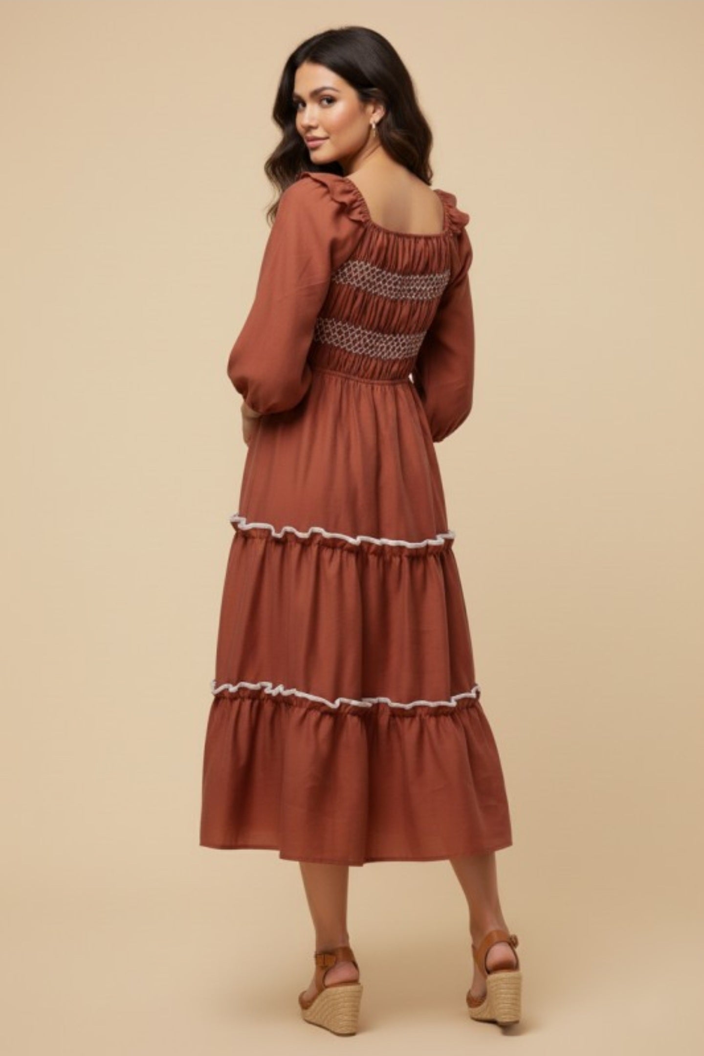 Rust tiered midi dress