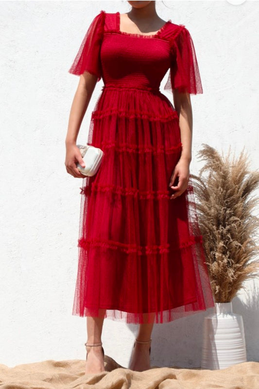 Burgundy-Tulle Midi dress