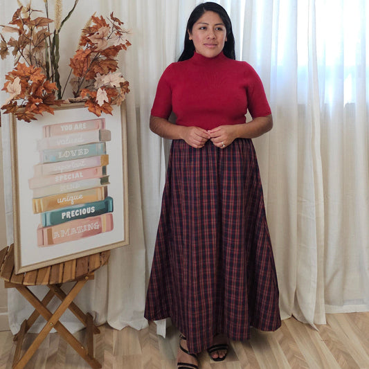 JASLYN PLAID MIDI DRESS-BURGUNDY