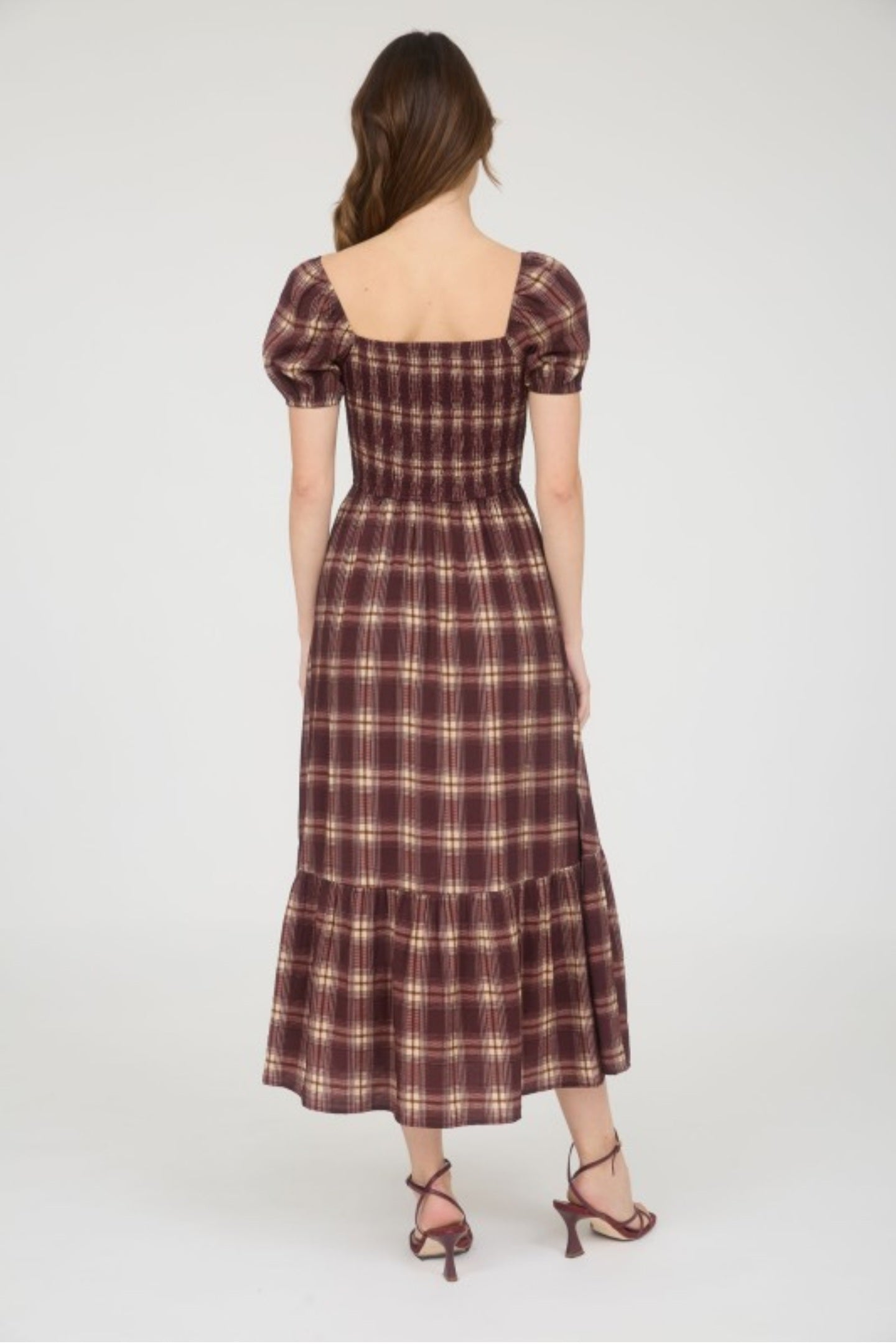 Plaid Midi Dress-Burgundy
