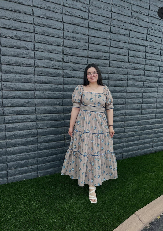Karina Dress- Taupe/Blue