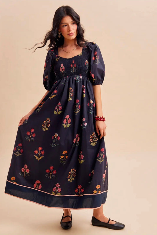 FLORAL SMOCKED MAXI DRESS