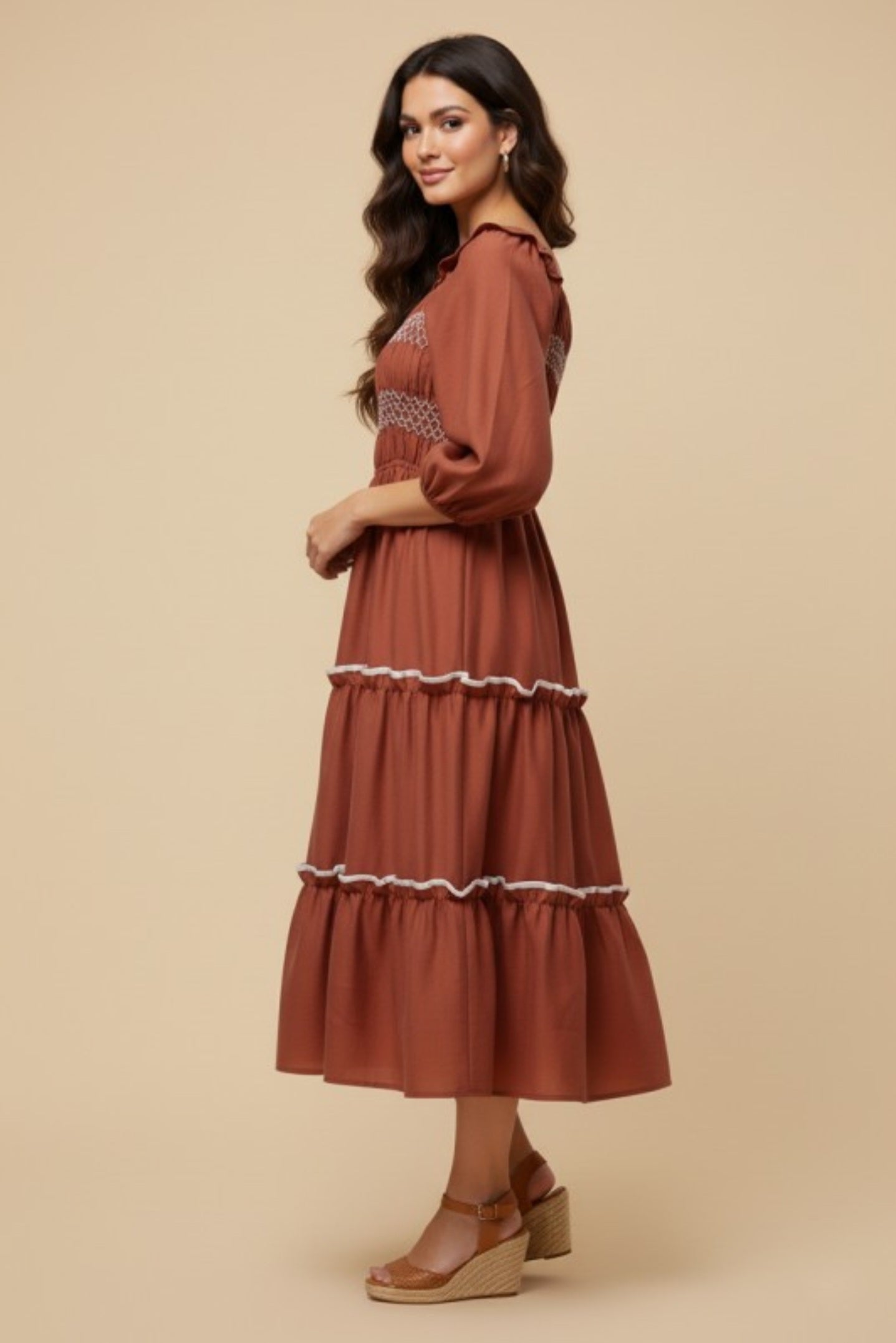 Rust tiered midi dress