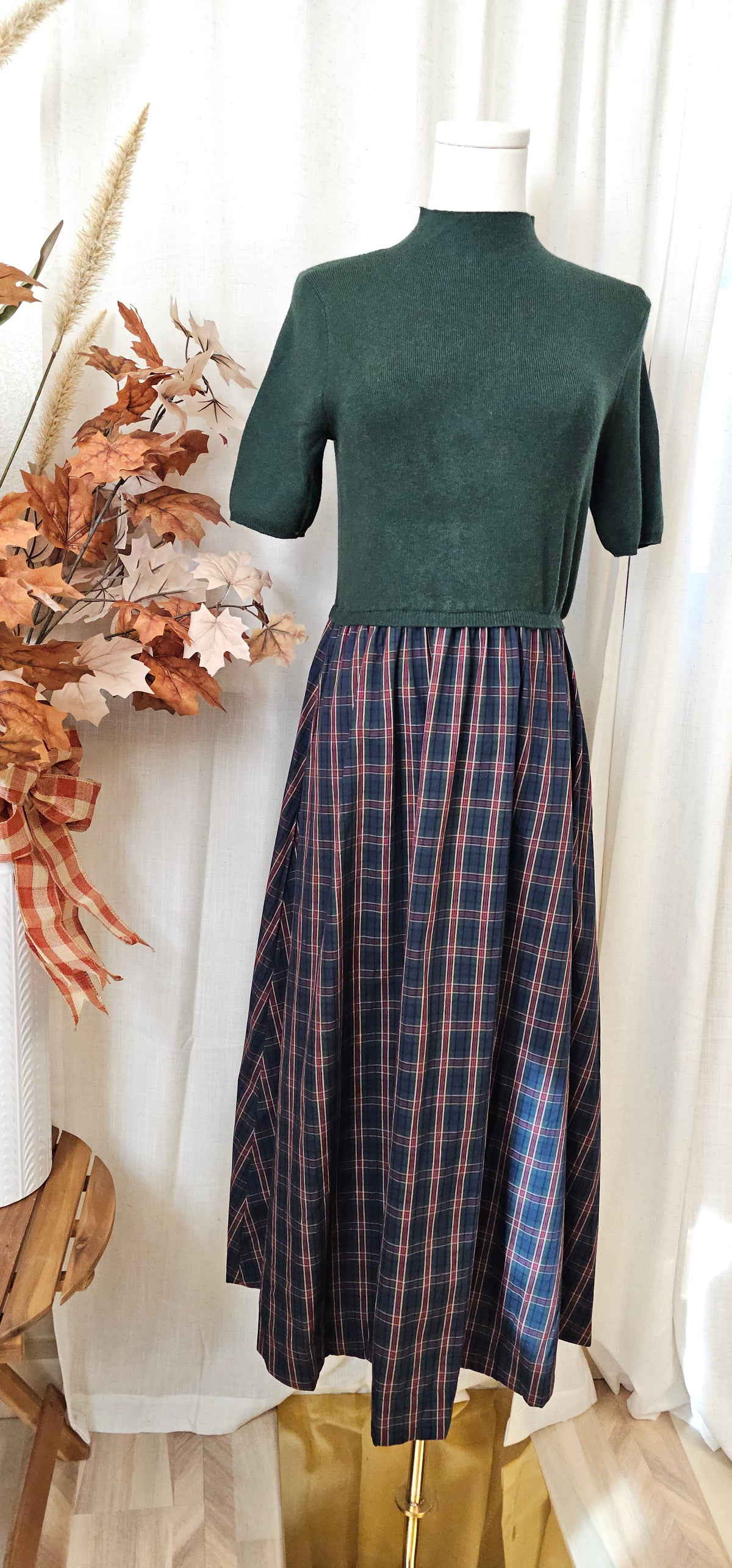 JASLYN PLAID MIDI DRESS-GREEN